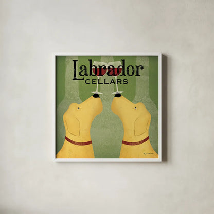 Two Labrador Wine Dogs Square by Ryan Fowler. Shown in a crisp white glass frame for a clean and minimalist style. Available as an archival giclee rolled canvas, fine art paper, or poster print. SKU 12909a.