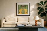 Two Labrador Wine Dogs Square by Ryan Fowler. Displayed in a glass frame with matte in a clean modern living room. Available as an archival giclee rolled canvas, fine art paper, or poster print. SKU 12909a.