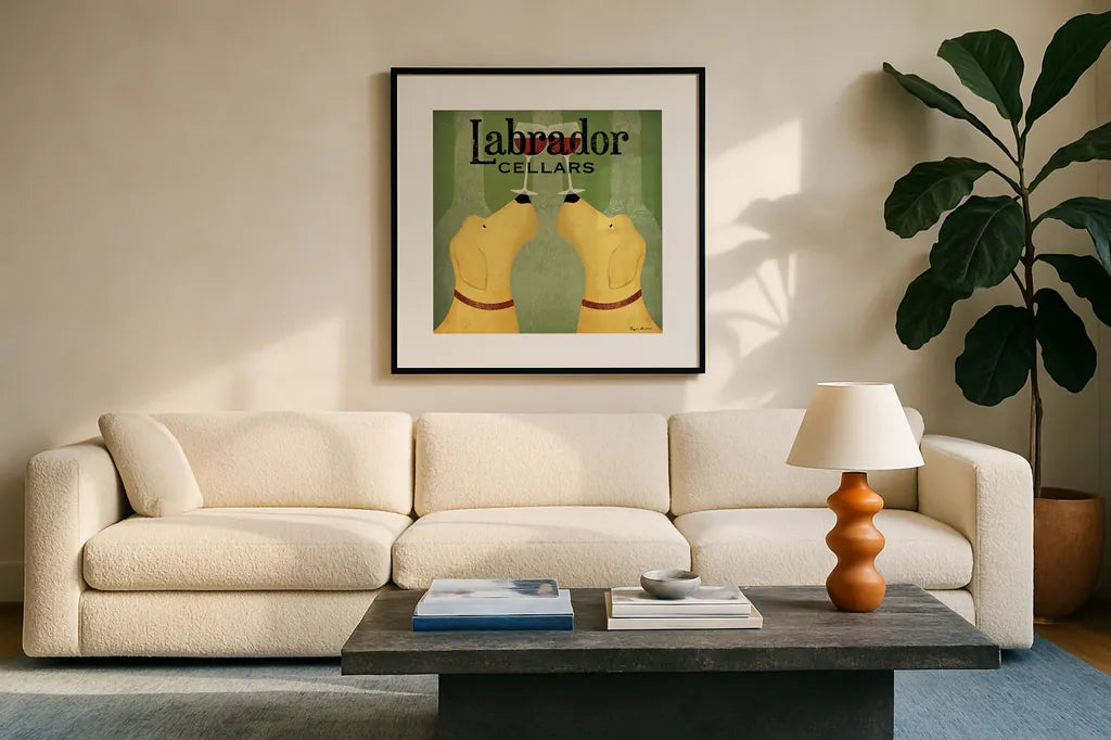 Two Labrador Wine Dogs Square by Ryan Fowler. Displayed in a glass frame with matte in a clean modern living room. Available as an archival giclee rolled canvas, fine art paper, or poster print. SKU 12909a.