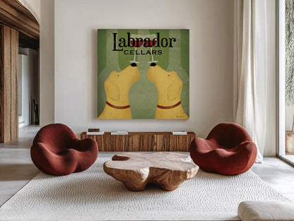 Two Labrador Wine Dogs Square by Ryan Fowler. Shown as extra-large giant wall art in a modern living room. Available as an archival giclee rolled canvas, fine art paper, or poster print. SKU 12909a.