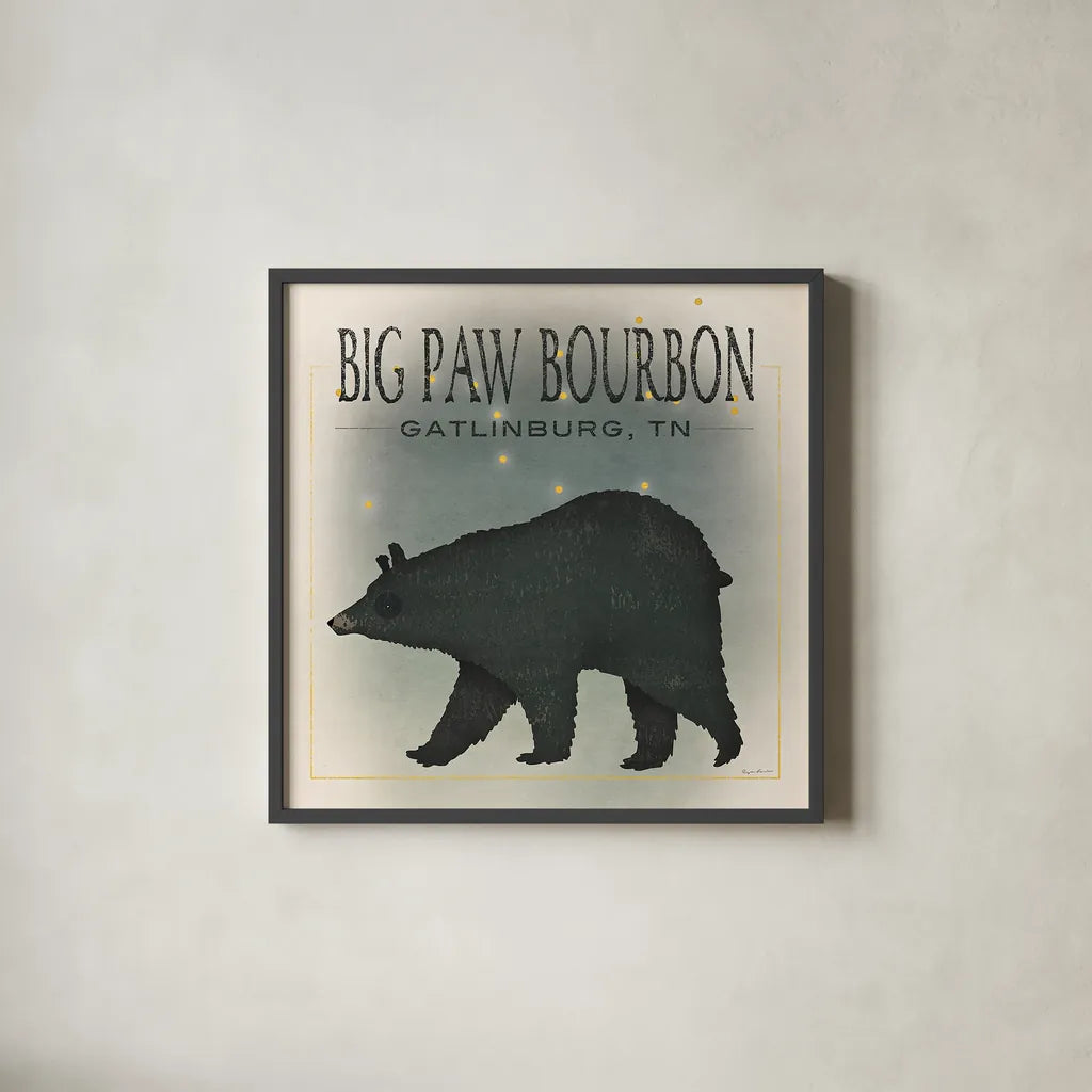 Ursa Major Big Paw Bourbon by Ryan Fowler. Shown in a sleek black glass frame for a contemporary gallery look. Available as an archival giclee rolled canvas, fine art paper, or poster print. SKU 30840a.