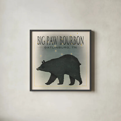 Ursa Major Big Paw Bourbon by Ryan Fowler. Shown in a sleek black glass frame for a contemporary gallery look. Available as an archival giclee rolled canvas, fine art paper, or poster print. SKU 30840a.