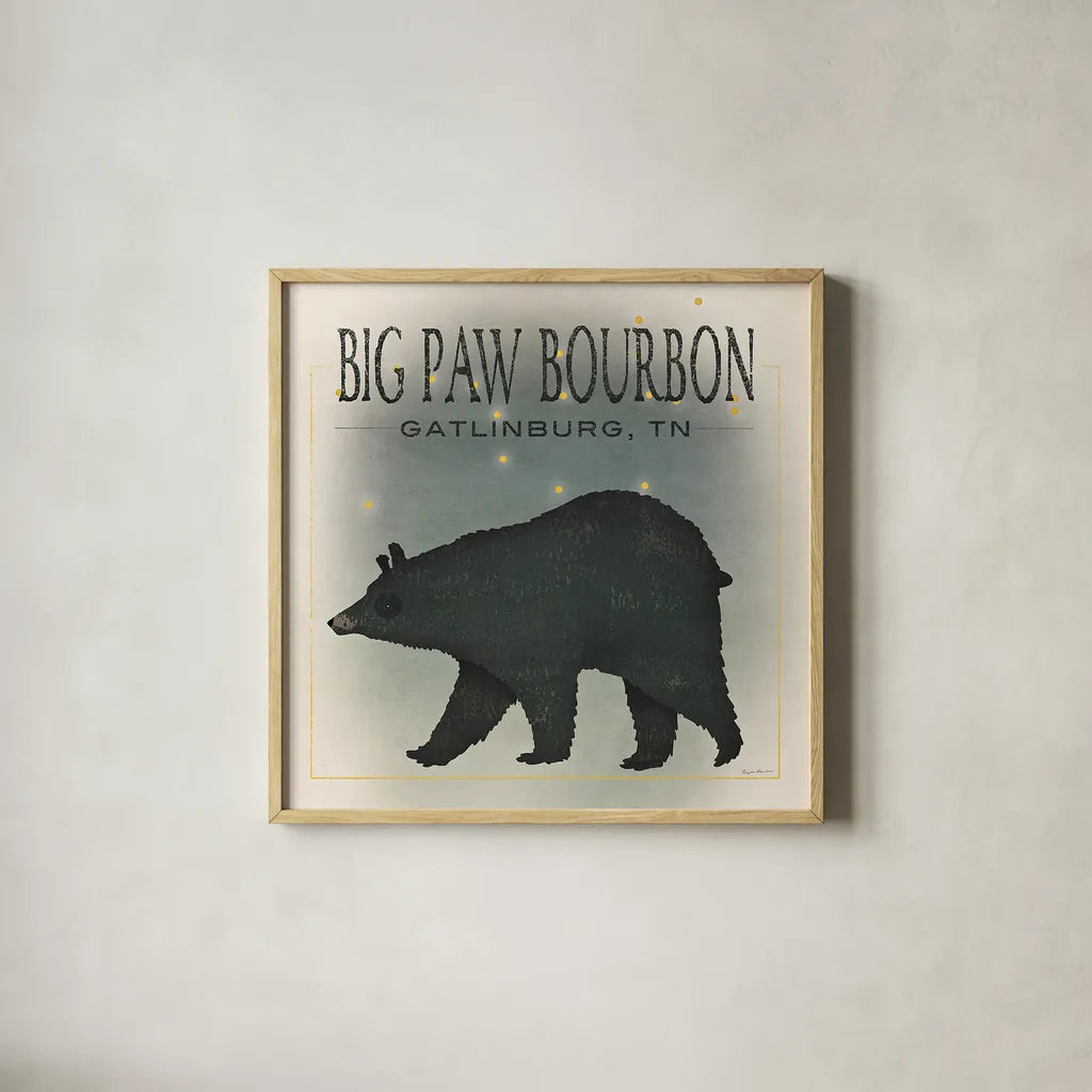Ursa Major Big Paw Bourbon by Ryan Fowler. Shown in a natural wood glass frame for a timeless modern aesthetic. Available as an archival giclee rolled canvas, fine art paper, or poster print. SKU 30840a.