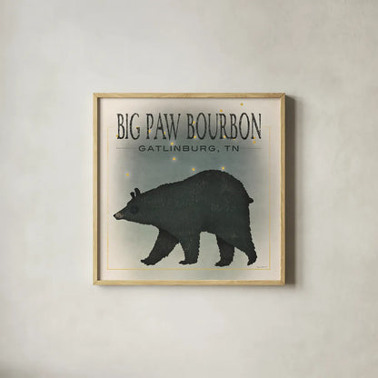 Ursa Major Big Paw Bourbon by Ryan Fowler. Shown in a natural wood glass frame for a timeless modern aesthetic. Available as an archival giclee rolled canvas, fine art paper, or poster print. SKU 30840a.