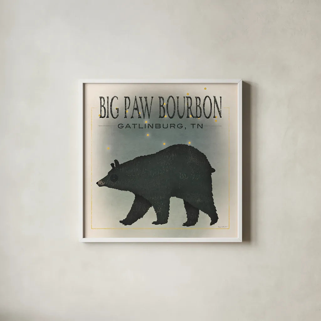 Ursa Major Big Paw Bourbon by Ryan Fowler. Shown in a crisp white glass frame for a clean and minimalist style. Available as an archival giclee rolled canvas, fine art paper, or poster print. SKU 30840a.