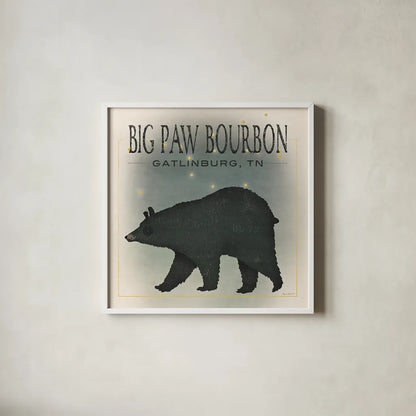 Ursa Major Big Paw Bourbon by Ryan Fowler. Shown in a crisp white glass frame for a clean and minimalist style. Available as an archival giclee rolled canvas, fine art paper, or poster print. SKU 30840a.