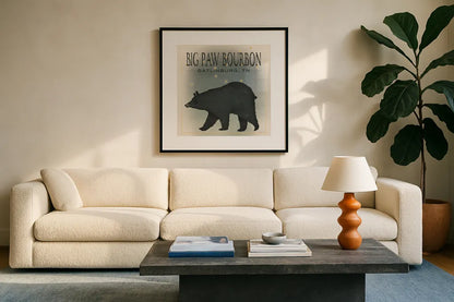 Ursa Major Big Paw Bourbon by Ryan Fowler. Displayed in a glass frame with matte in a clean modern living room. Available as an archival giclee rolled canvas, fine art paper, or poster print. SKU 30840a.
