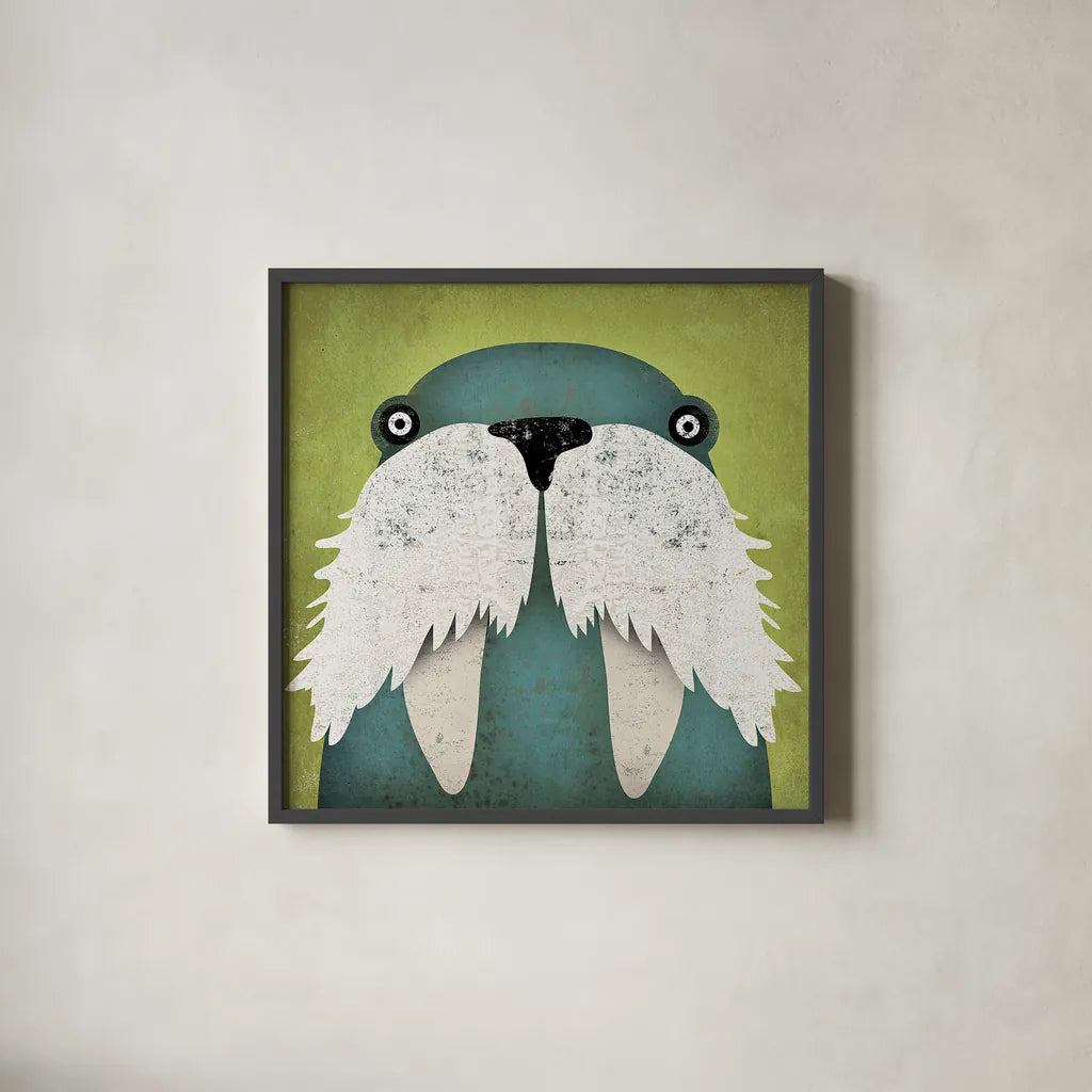 Walrus by Ryan Fowler. Shown in a sleek black glass frame for a contemporary gallery look. Available as an archival giclee rolled canvas, fine art paper, or poster print. SKU 15048a.