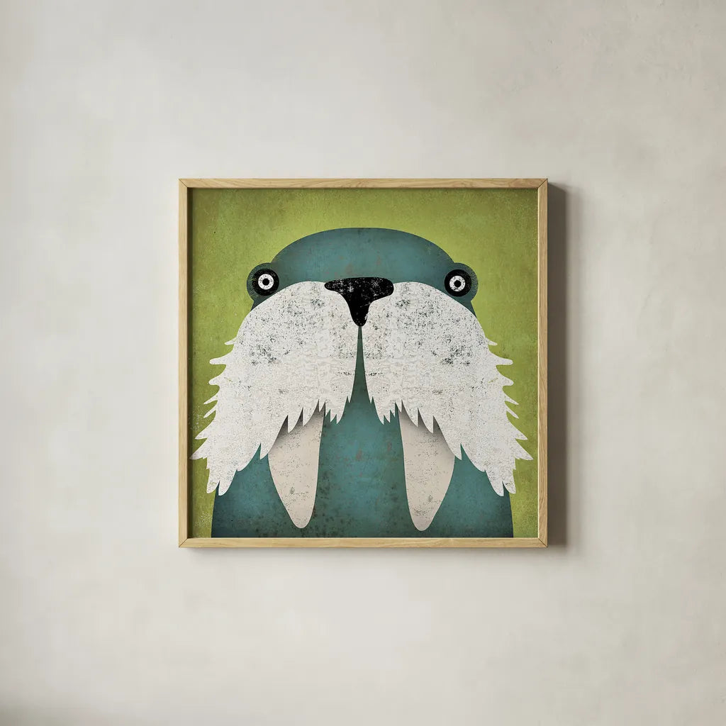 Walrus by Ryan Fowler. Shown in a natural wood glass frame for a timeless modern aesthetic. Available as an archival giclee rolled canvas, fine art paper, or poster print. SKU 15048a.