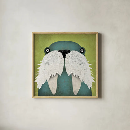 Walrus by Ryan Fowler. Shown in a natural wood glass frame for a timeless modern aesthetic. Available as an archival giclee rolled canvas, fine art paper, or poster print. SKU 15048a.
