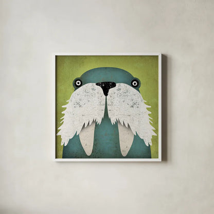 Walrus by Ryan Fowler. Shown in a crisp white glass frame for a clean and minimalist style. Available as an archival giclee rolled canvas, fine art paper, or poster print. SKU 15048a.