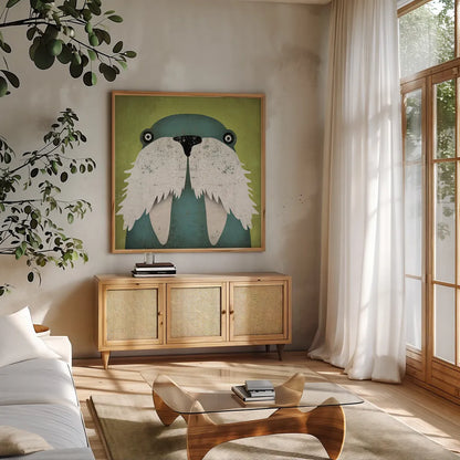 Walrus by Ryan Fowler. Shown in a natural wood frame in a cozy modern living room. Available as an archival giclee rolled canvas, fine art paper, or poster print. SKU 15048a.