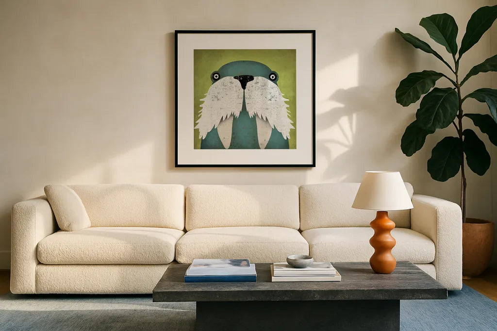Walrus by Ryan Fowler. Displayed in a glass frame with matte in a clean modern living room. Available as an archival giclee rolled canvas, fine art paper, or poster print. SKU 15048a.