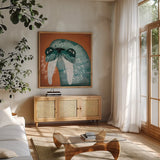 Walrus Wow by Ryan Fowler. Shown in a natural wood frame in a cozy modern living room. Available as an archival giclee rolled canvas, fine art paper, or poster print. SKU 12204a.