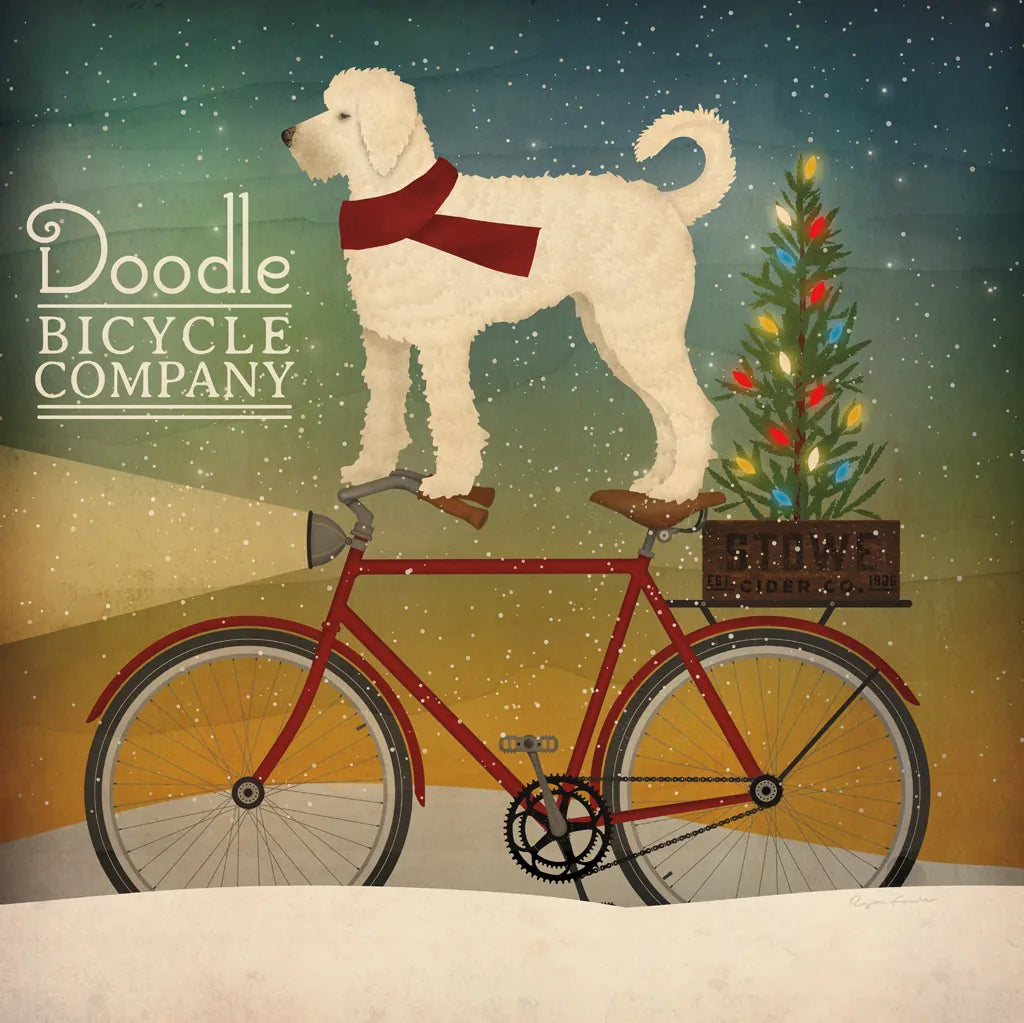 White Doodle on Bike Christmas by Ryan Fowler. SKU 31275a. Archival Giclee Fine art print for wall decor.
