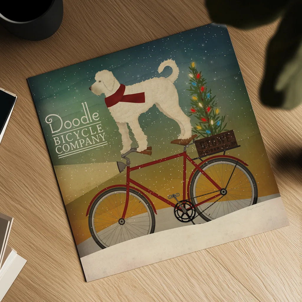 White Doodle on Bike Christmas by Ryan Fowler. Shown as a detailed flat fine art print, highlighting archival giclee quality. Available as an archival giclee rolled canvas, fine art paper, or poster print. SKU 31275a.