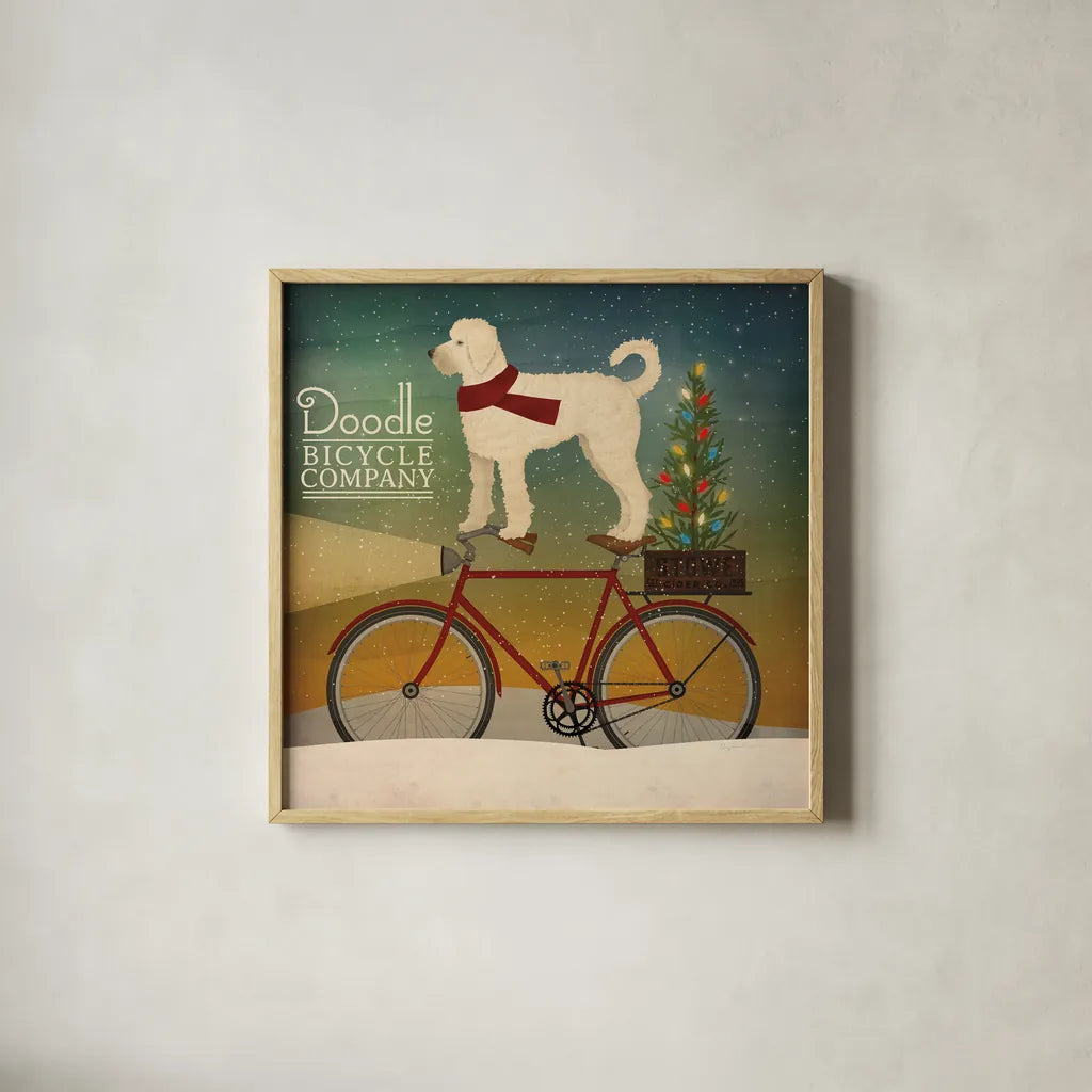 White Doodle on Bike Christmas by Ryan Fowler. Shown in a natural wood glass frame for a timeless modern aesthetic. Available as an archival giclee rolled canvas, fine art paper, or poster print. SKU 31275a.