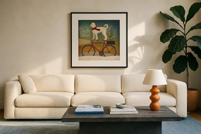 White Doodle on Bike Christmas by Ryan Fowler. Displayed in a glass frame with matte in a clean modern living room. Available as an archival giclee rolled canvas, fine art paper, or poster print. SKU 31275a.