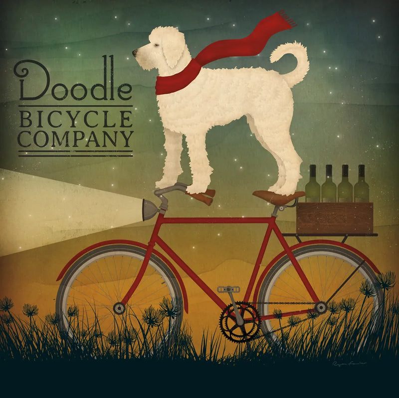 White Doodle on Bike Summer by Ryan Fowler. SKU 31276a. Archival Giclee Fine art print for wall decor.