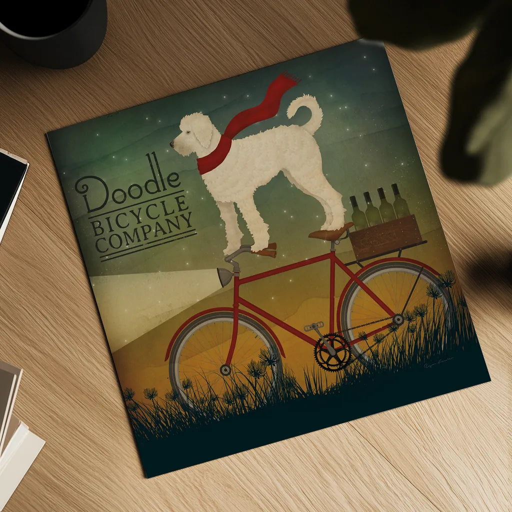 White Doodle on Bike Summer by Ryan Fowler. Shown as a detailed flat fine art print, highlighting archival giclee quality. Available as an archival giclee rolled canvas, fine art paper, or poster print. SKU 31276a.