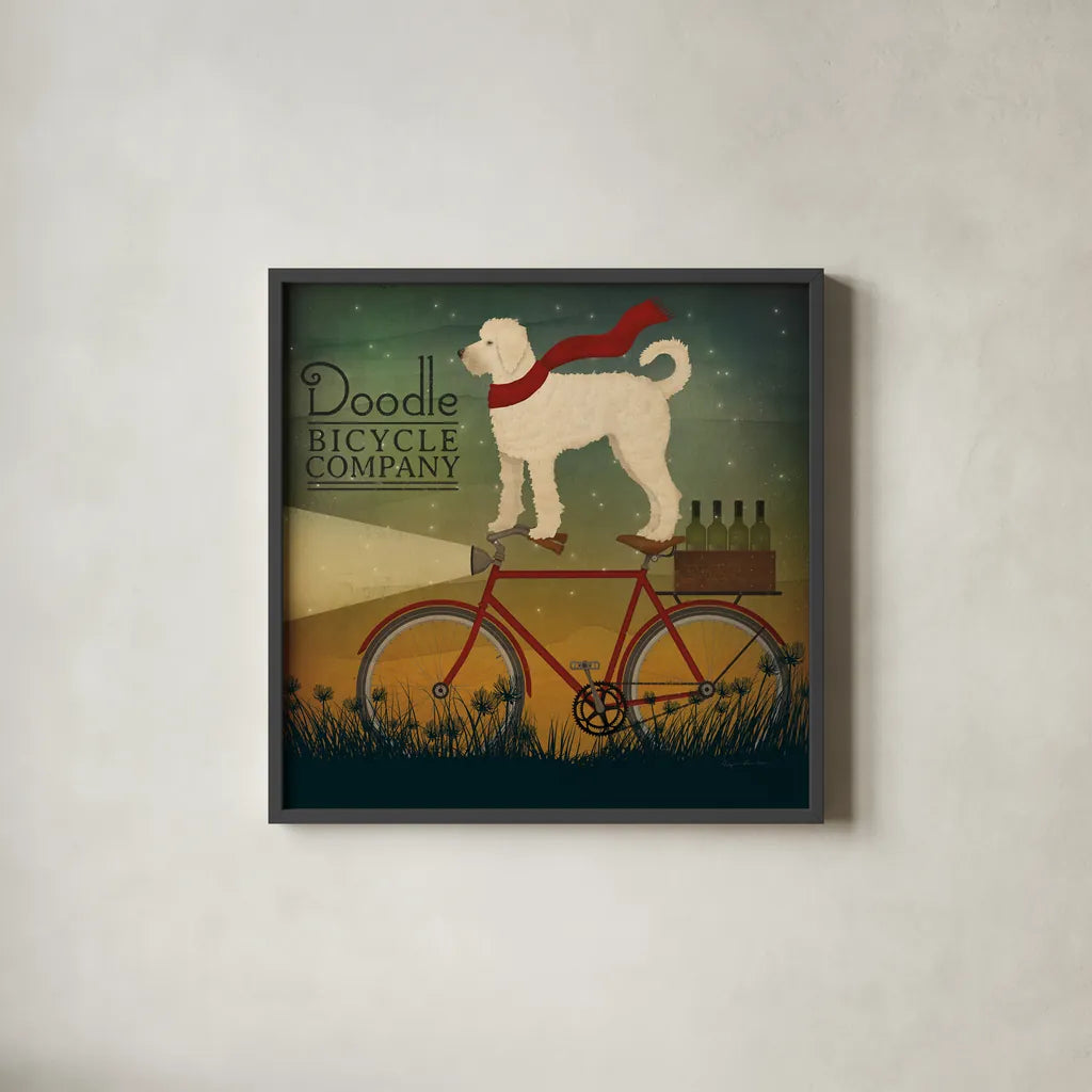 White Doodle on Bike Summer by Ryan Fowler. Shown in a sleek black glass frame for a contemporary gallery look. Available as an archival giclee rolled canvas, fine art paper, or poster print. SKU 31276a.