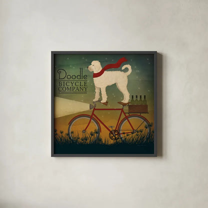 White Doodle on Bike Summer by Ryan Fowler. Shown in a sleek black glass frame for a contemporary gallery look. Available as an archival giclee rolled canvas, fine art paper, or poster print. SKU 31276a.