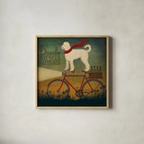 White Doodle on Bike Summer by Ryan Fowler. Shown in a natural wood glass frame for a timeless modern aesthetic. Available as an archival giclee rolled canvas, fine art paper, or poster print. SKU 31276a.