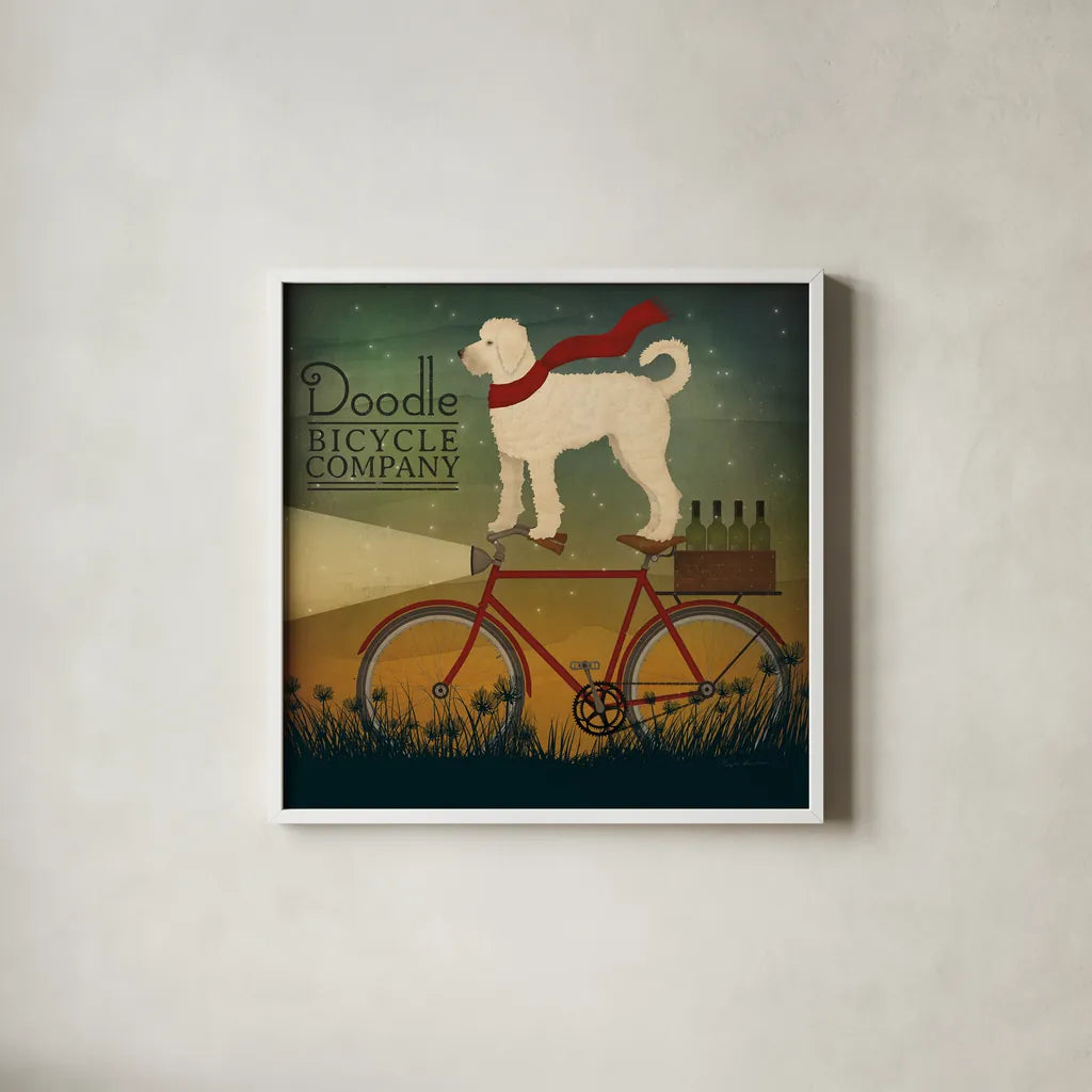 White Doodle on Bike Summer by Ryan Fowler. Shown in a crisp white glass frame for a clean and minimalist style. Available as an archival giclee rolled canvas, fine art paper, or poster print. SKU 31276a.