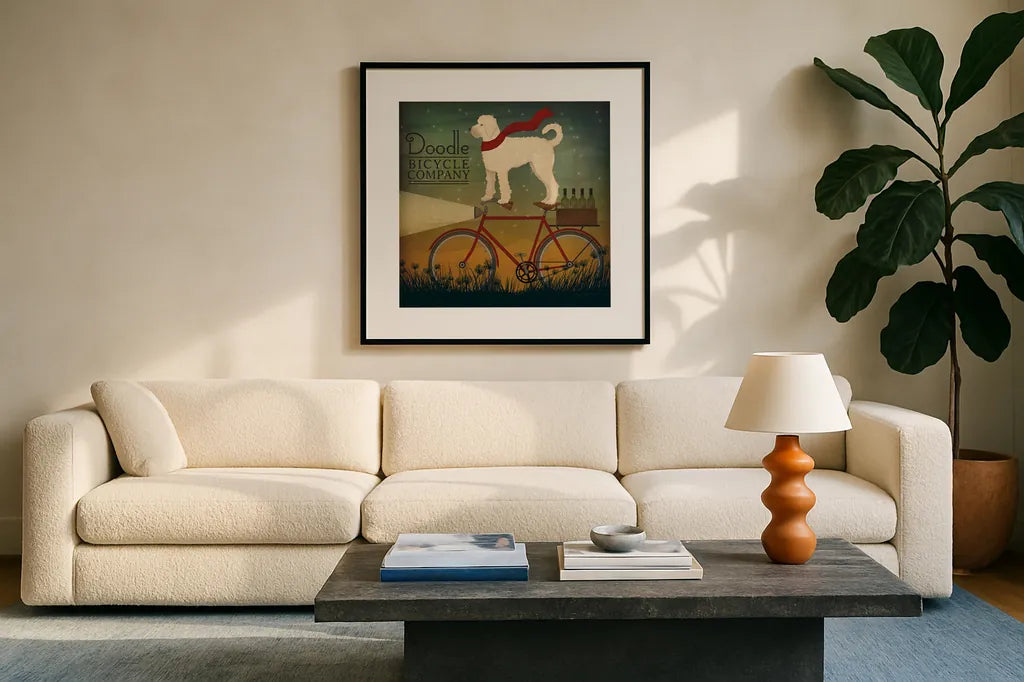 White Doodle on Bike Summer by Ryan Fowler. Displayed in a glass frame with matte in a clean modern living room. Available as an archival giclee rolled canvas, fine art paper, or poster print. SKU 31276a.