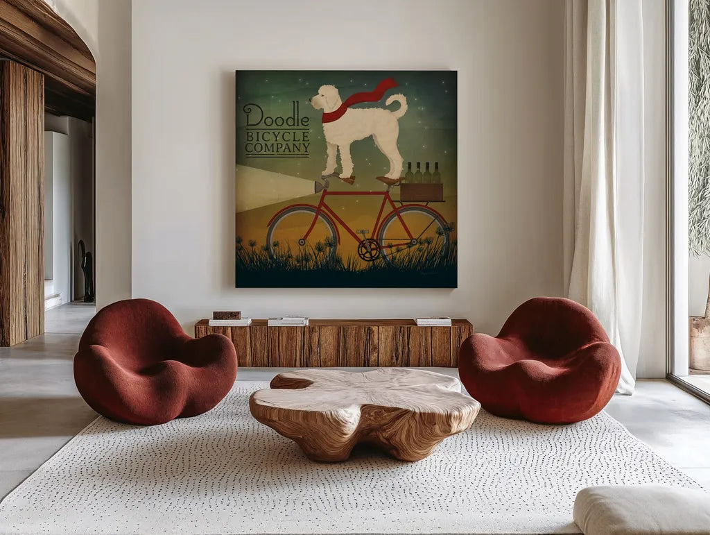 White Doodle on Bike Summer by Ryan Fowler. Shown as extra-large giant wall art in a modern living room. Available as an archival giclee rolled canvas, fine art paper, or poster print. SKU 31276a.