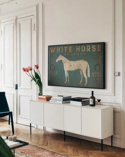 White Horse No Kentucky by Ryan Fowler. shown as a framed stretched canvas in a living room above a console. Available as a archival giclee rolled canvas, fine art paper, or poster print. SKU 30001i.