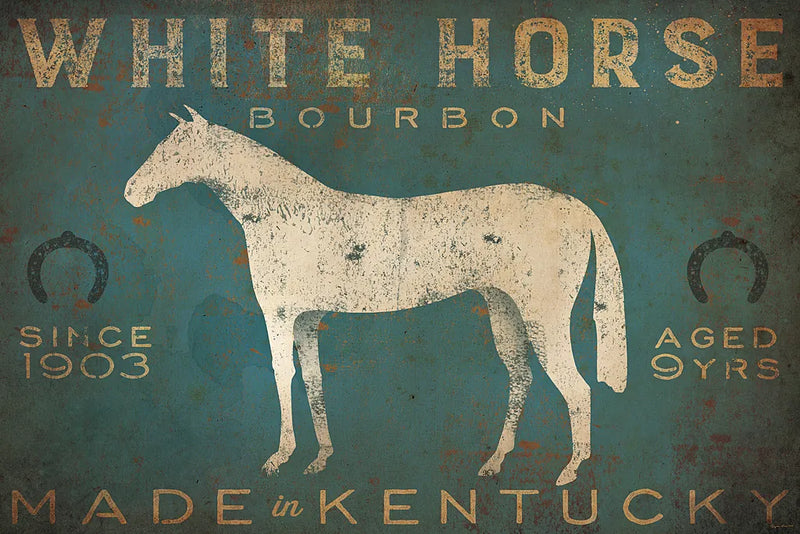 White Horse with Words Blue by Ryan Fowler. SKU 22903i. Archival Giclee Fine art print for wall decor.
