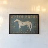 White Horse with Words Blue by Ryan Fowler. shown as a paper print in a black flame. Available as a archival giclee rolled canvas, fine art paper, or poster print. SKU 22903i.