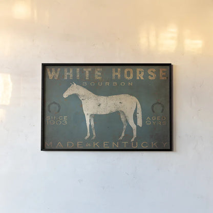 White Horse with Words Blue by Ryan Fowler. shown as a paper print in a black flame. Available as a archival giclee rolled canvas, fine art paper, or poster print. SKU 22903i.