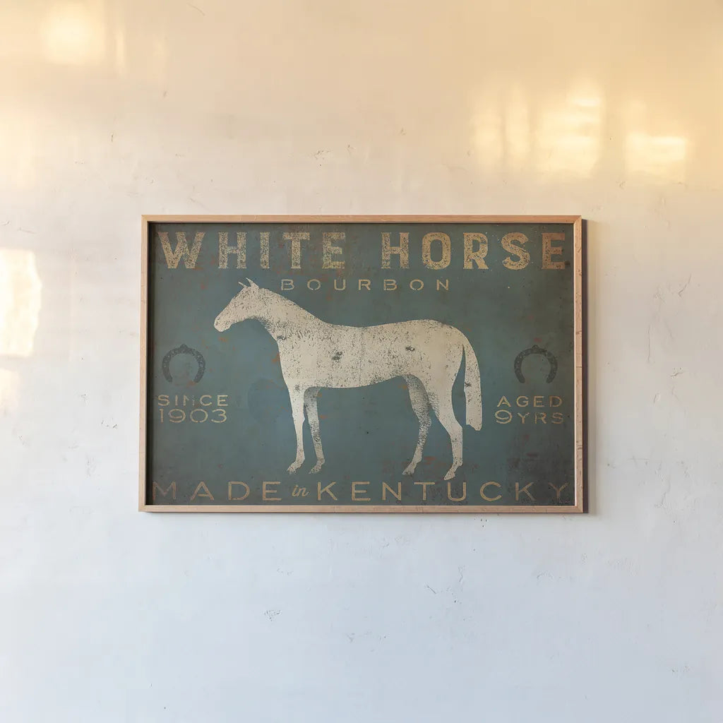 White Horse with Words Blue by Ryan Fowler. shown as a paper print in a natural frame. Available as a archival giclee rolled canvas, fine art paper, or poster print. SKU 22903i.
