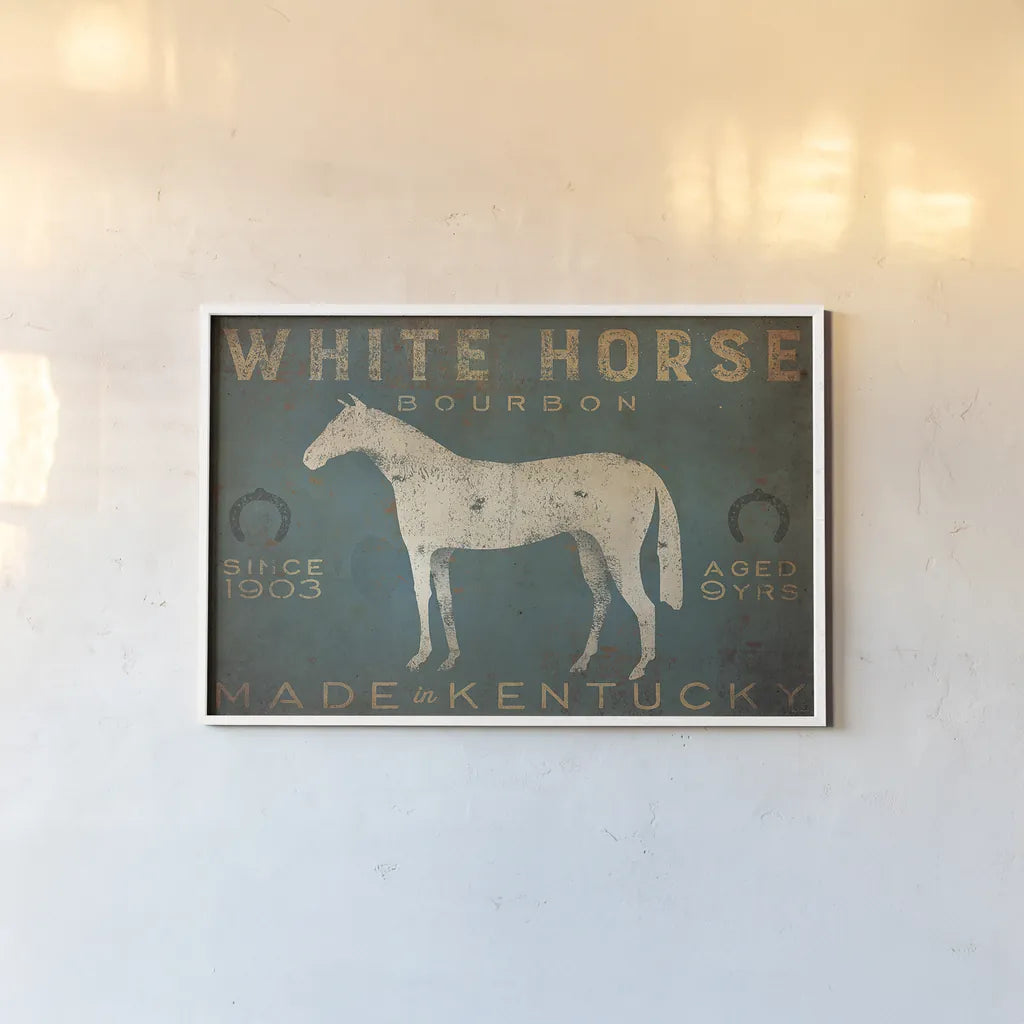 White Horse with Words Blue by Ryan Fowler. shown as a paper print in a white frame. Available as a archival giclee rolled canvas, fine art paper, or poster print. SKU 22903i.