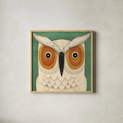 White Owl by Ryan Fowler. Shown in a natural wood glass frame for a timeless modern aesthetic. Available as an archival giclee rolled canvas, fine art paper, or poster print. SKU 22895a.