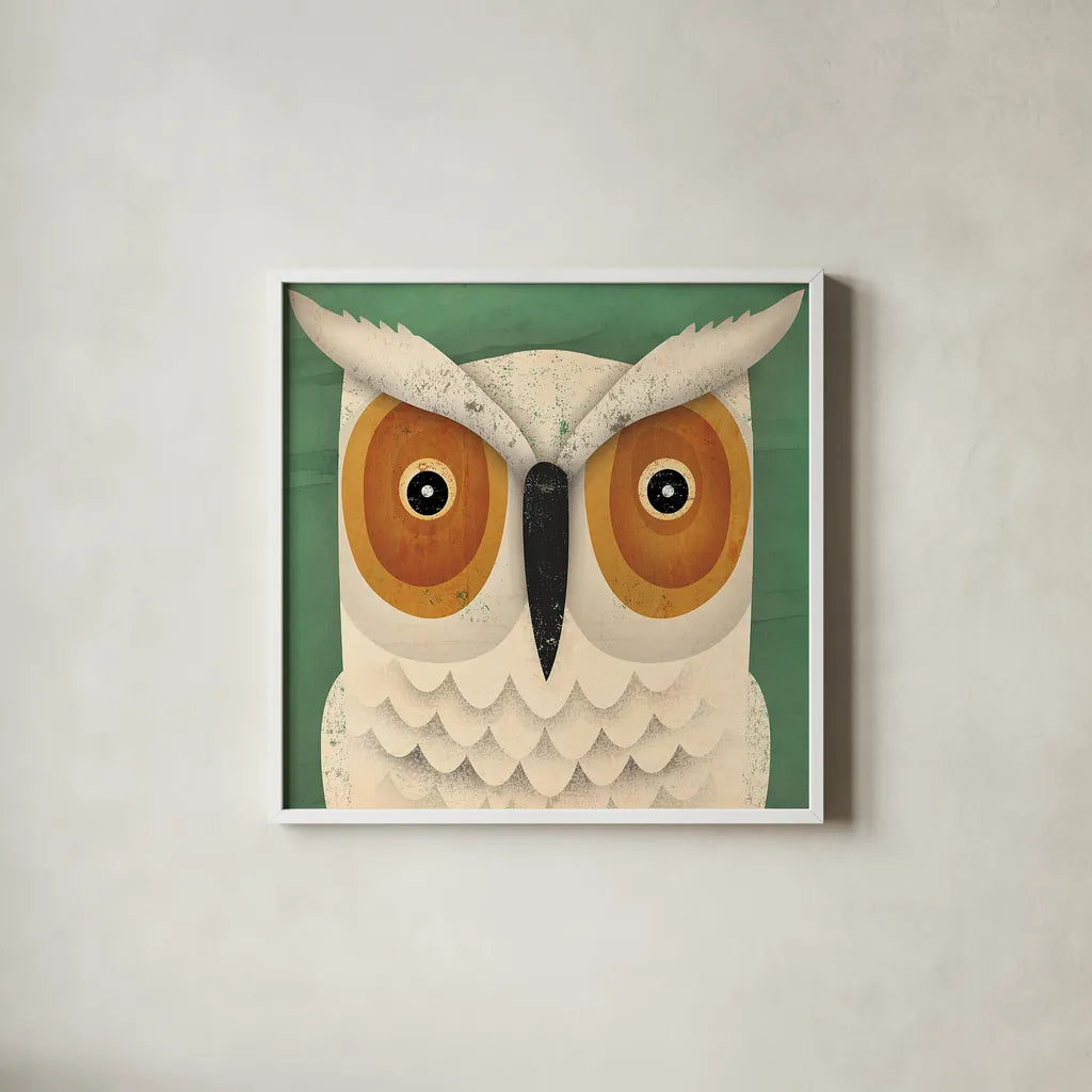 White Owl by Ryan Fowler. Shown in a crisp white glass frame for a clean and minimalist style. Available as an archival giclee rolled canvas, fine art paper, or poster print. SKU 22895a.