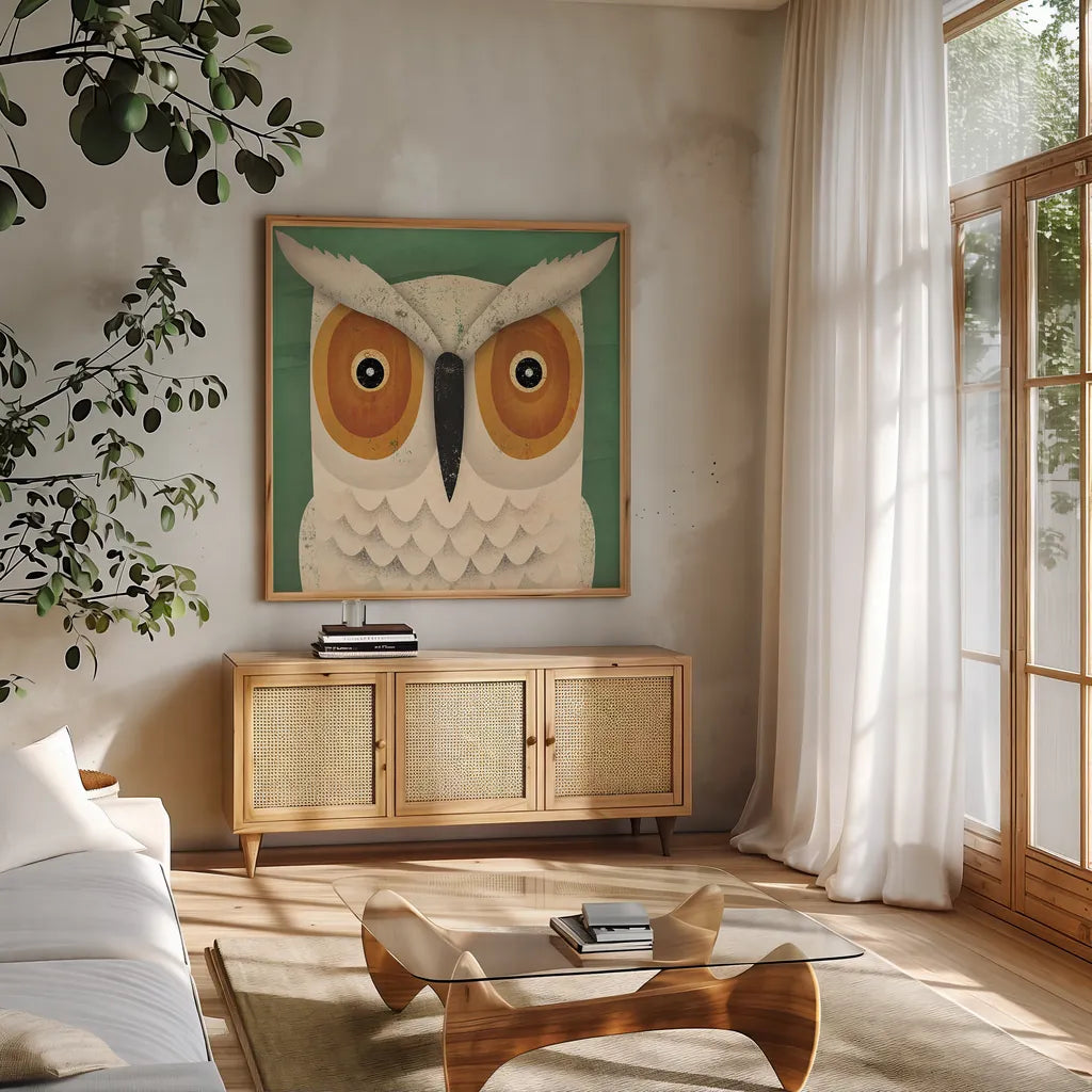 White Owl by Ryan Fowler. Shown in a natural wood frame in a cozy modern living room. Available as an archival giclee rolled canvas, fine art paper, or poster print. SKU 22895a.