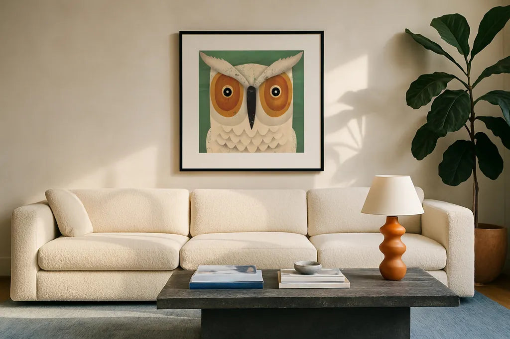 White Owl by Ryan Fowler. Displayed in a glass frame with matte in a clean modern living room. Available as an archival giclee rolled canvas, fine art paper, or poster print. SKU 22895a.