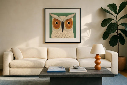 White Owl by Ryan Fowler. Displayed in a glass frame with matte in a clean modern living room. Available as an archival giclee rolled canvas, fine art paper, or poster print. SKU 22895a.