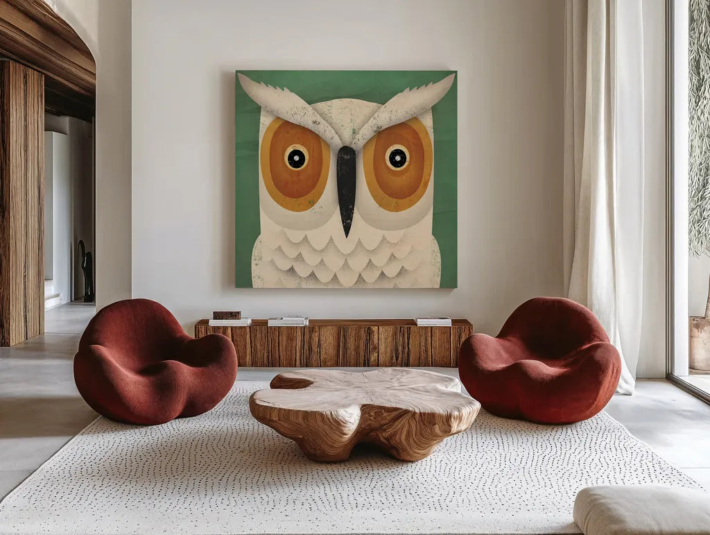 White Owl by Ryan Fowler. Shown as extra-large giant wall art in a modern living room. Available as an archival giclee rolled canvas, fine art paper, or poster print. SKU 22895a.