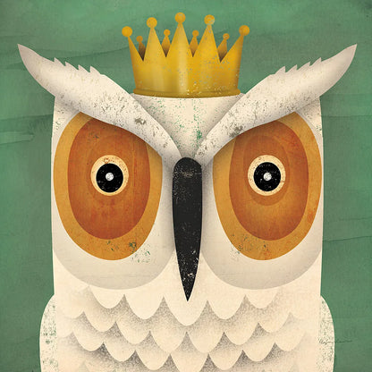 White Owl with Crown by Ryan Fowler. SKU 35512a. Archival Giclee Fine art print for wall decor.
