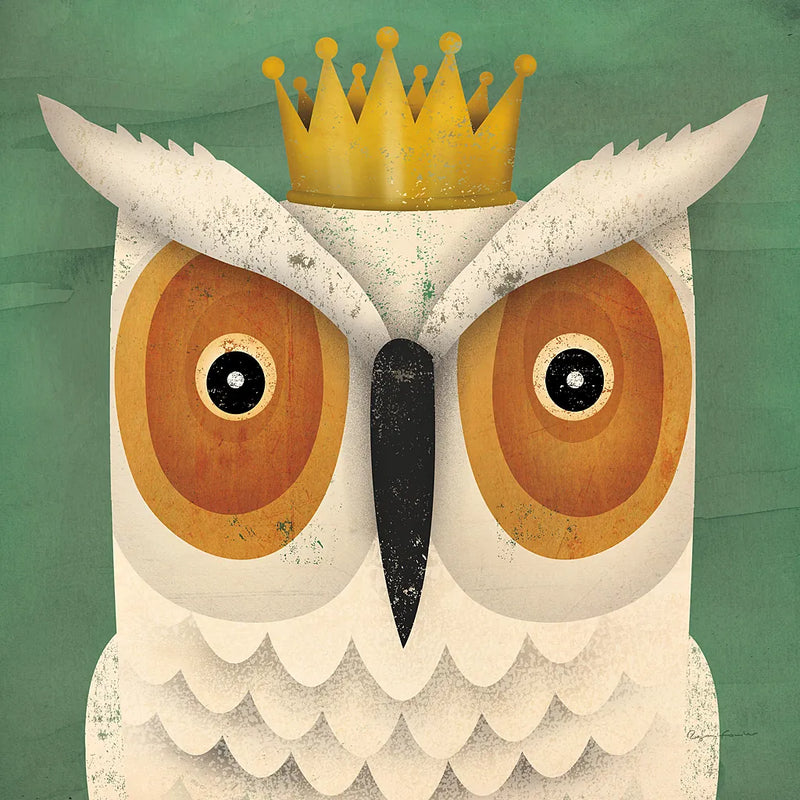 White Owl with Crown by Ryan Fowler. SKU 35512a. Archival Giclee Fine art print for wall decor.