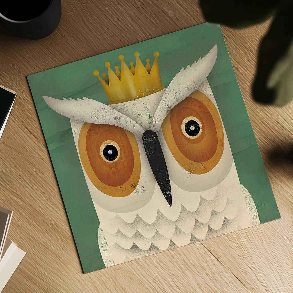 White Owl with Crown by Ryan Fowler. Shown as a detailed flat fine art print, highlighting archival giclee quality. Available as an archival giclee rolled canvas, fine art paper, or poster print. SKU 35512a.