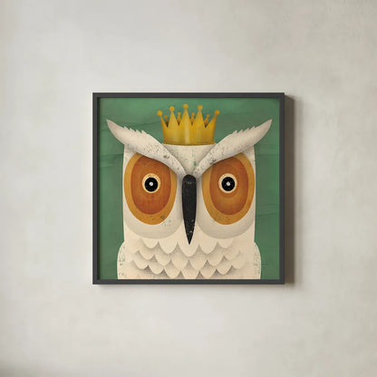 White Owl with Crown by Ryan Fowler. Shown in a sleek black glass frame for a contemporary gallery look. Available as an archival giclee rolled canvas, fine art paper, or poster print. SKU 35512a.