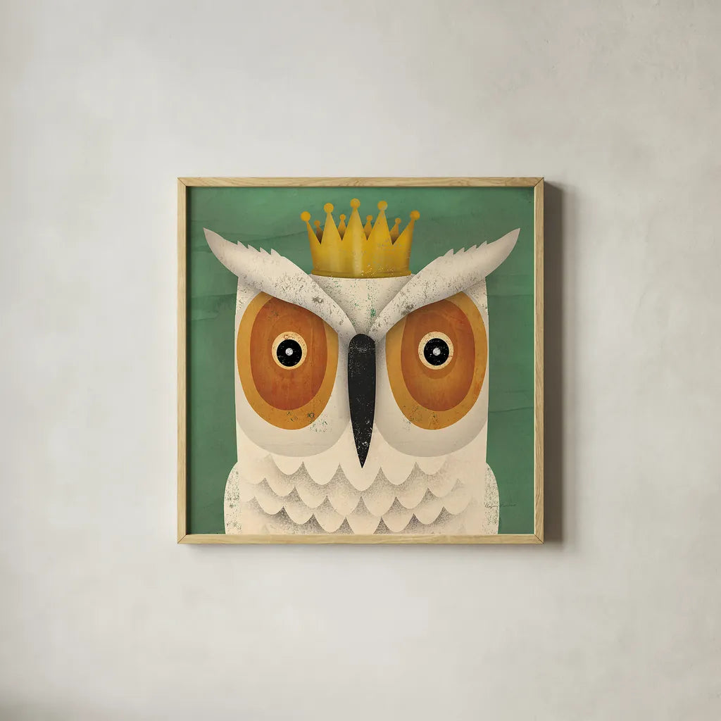 White Owl with Crown by Ryan Fowler. Shown in a natural wood glass frame for a timeless modern aesthetic. Available as an archival giclee rolled canvas, fine art paper, or poster print. SKU 35512a.