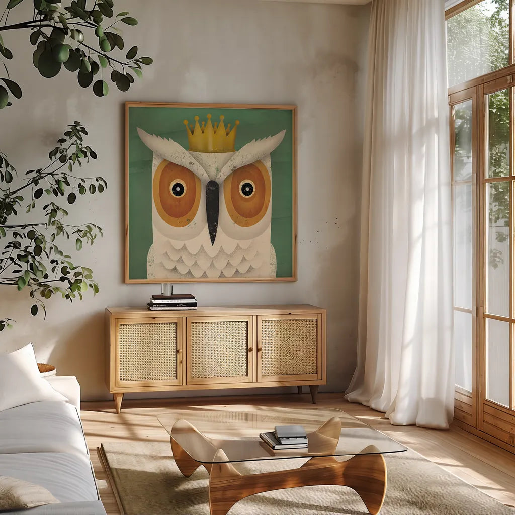 White Owl with Crown by Ryan Fowler. Shown in a natural wood frame in a cozy modern living room. Available as an archival giclee rolled canvas, fine art paper, or poster print. SKU 35512a.