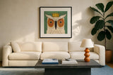 White Owl with Crown by Ryan Fowler. Displayed in a glass frame with matte in a clean modern living room. Available as an archival giclee rolled canvas, fine art paper, or poster print. SKU 35512a.