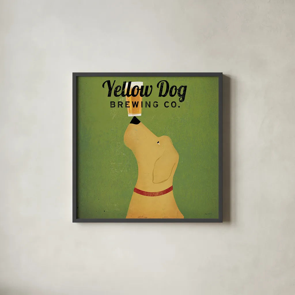 Yellow Dog Brewing Co Square by Ryan Fowler. Shown in a sleek black glass frame for a contemporary gallery look. Available as an archival giclee rolled canvas, fine art paper, or poster print. SKU 9816a.